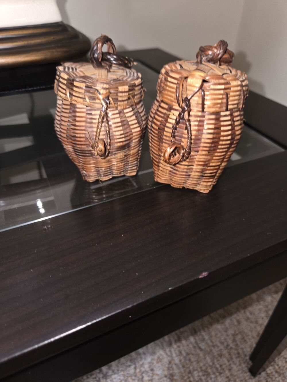 Vintage Pair Miniature Wicker Woven Lidded Hanging Baskets Rattan Ornament B11